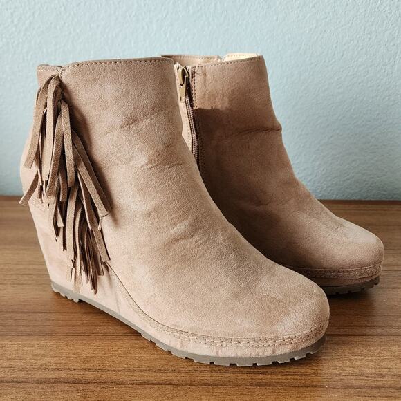 Massini Shoes - Massini Faux Suede Fringe Zip Hidden Wedge Ankle Booties
